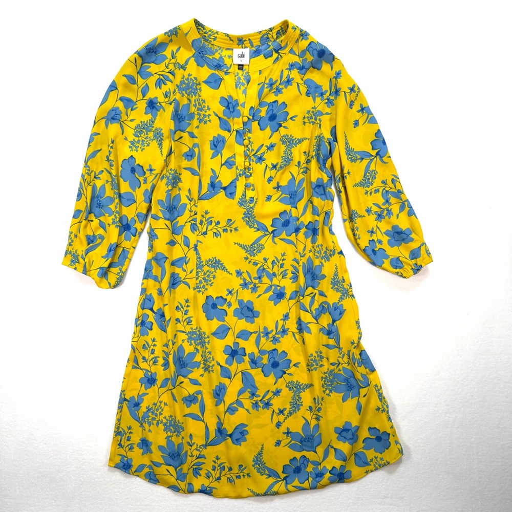 Cabi Women's Lemon Drop Yellow Blue Midi Floral Long Sleeve Dress Size Small - Picture 2 of 6